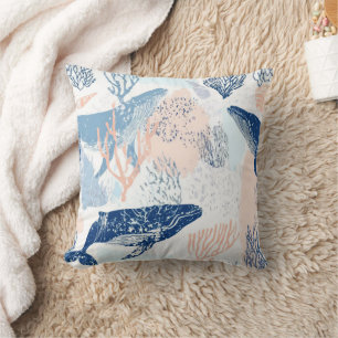 Coastal Whale Sea Life Coral Blue Peach (2) Cushion