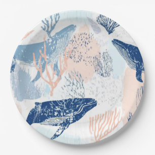Coastal Whale Sea Life Coral Blue Peach (2) Paper Plate