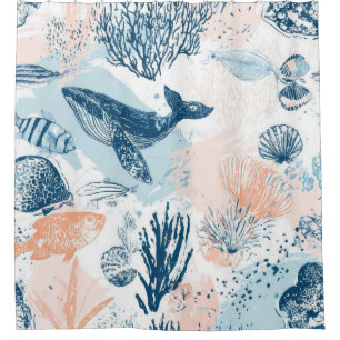 Coastal Whale Sea Life Coral Blue Peach (2) Shower Curtain