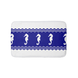Coastal White Blue Ocean Seahorses Bath Mat