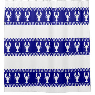Coastal White Blue Stripe Lobster Pattern Shower Curtain