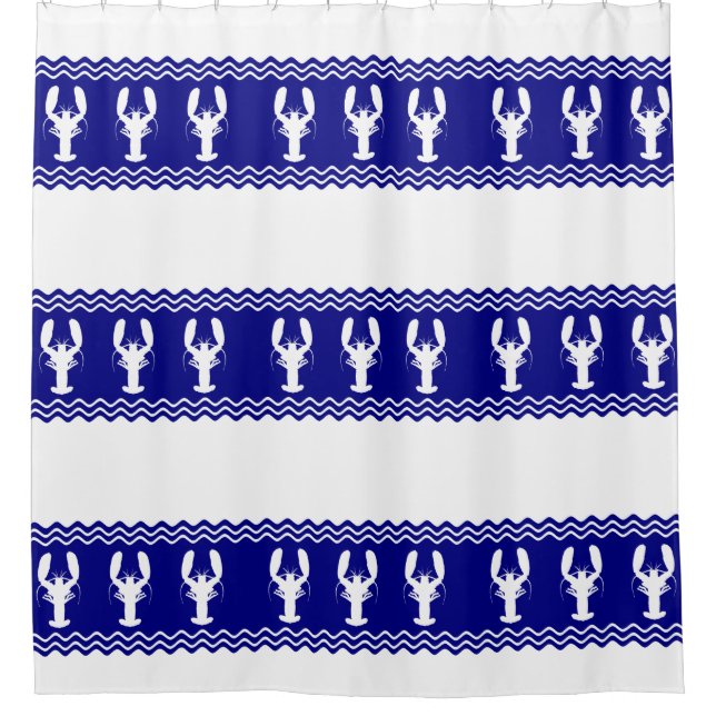 Coastal White Blue Stripe Lobster Pattern Shower Curtain (Front)