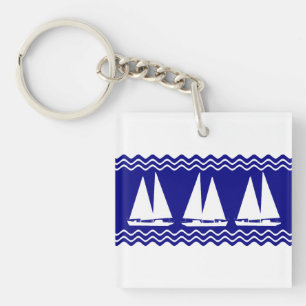 Coastal White Blue Stripe Sailboat Nautical Key Ring