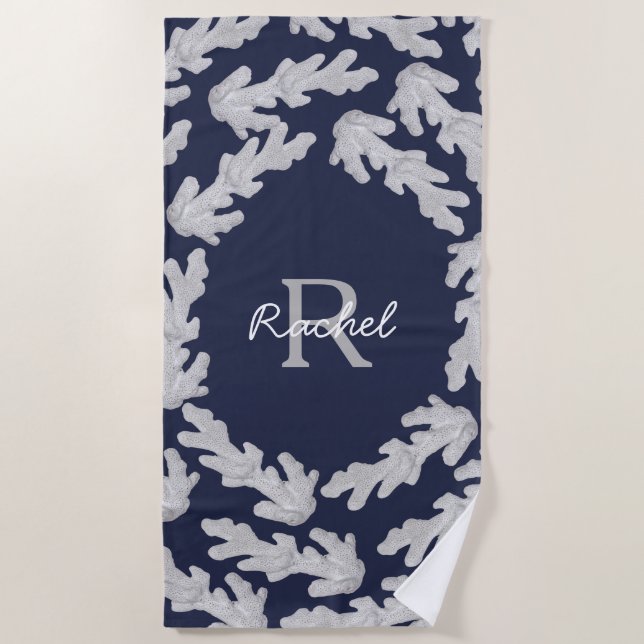 Coastal White Corals & Name in Script Beach Towel (Front)