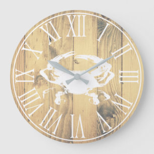 Coastal White Crab & Faux Wood Planks Large Clock