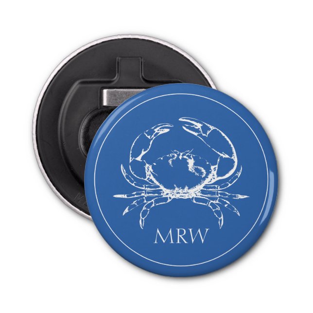 Coastal White Crab on Classic Blue Monogram Bottle Opener (Front)