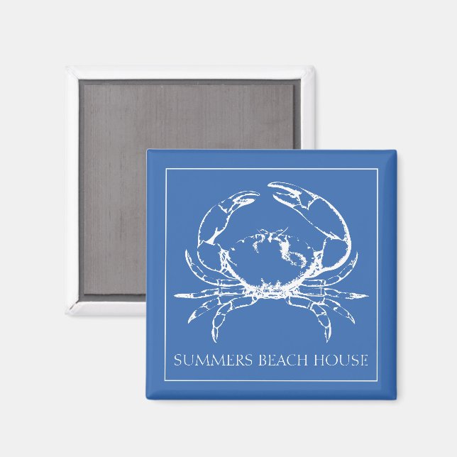 Coastal White Crab on Classic Blue Personalised Magnet (Front/Back)