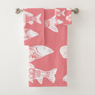 Coastal White Floral Fish & Coral Pink Bath Towel Set