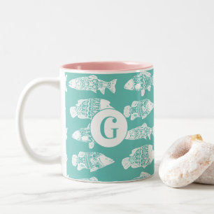 Coastal White Floral Fish Monogram Two-Tone Coffee Mug