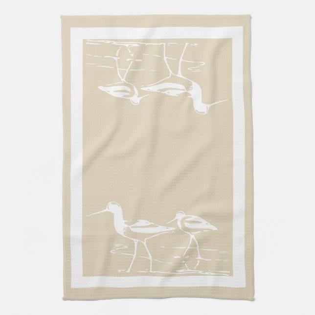 Coastal White Sandpipers & Sandy Taupe Tea Towel (Vertical)