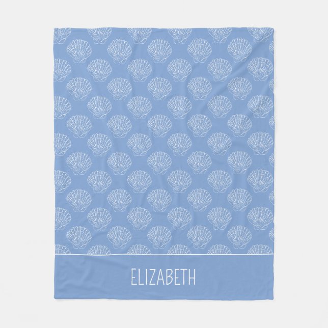 Coastal White Scallop Shells on Blue Personalised Fleece Blanket (Front)