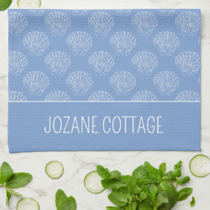 Coastal White Scallop Shells on Blue Personalised Tea Towel