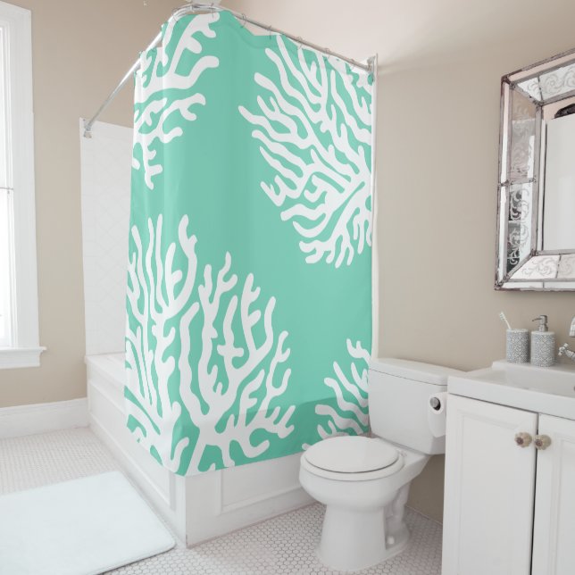 Coastal White Sea Coral & Coral Pink Shower Curtain (In Situ)