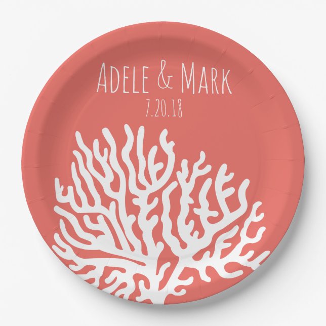 Coastal White Sea Coral Coral Pink Wedding Paper Plate (Front)