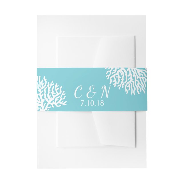 Coastal White Sea Coral Couple's Initials Wedding Invitation Belly Band (Front Example)
