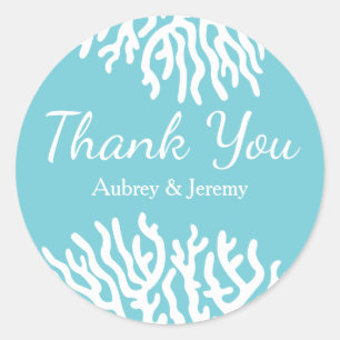 Coastal White Sea Coral Couple's Names Thank You Classic Round Sticker
