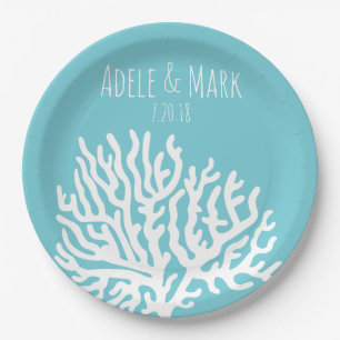 Coastal White Sea Coral Couple's Names Wedding Paper Plate