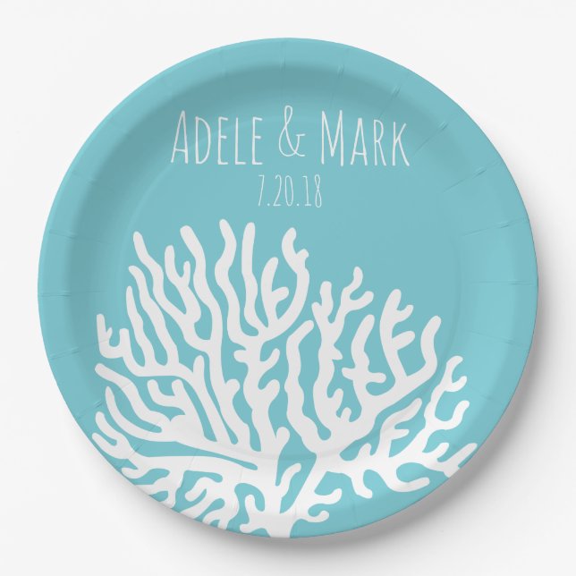 Coastal White Sea Coral Couple's Names Wedding Paper Plate (Front)