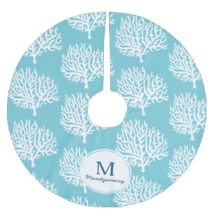 Coastal White Sea Coral & Family Name Brushed Polyester Tree Skirt