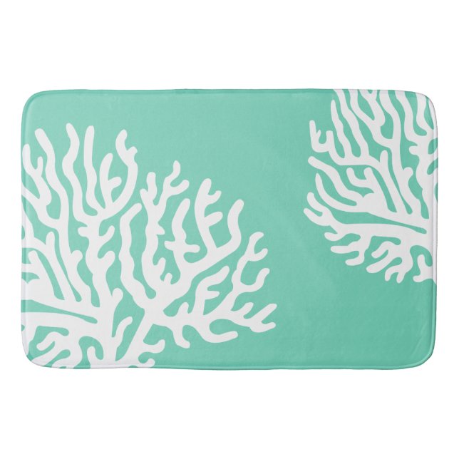 Coastal White Sea Coral & Sea Glass Green Bath Mat (Front)