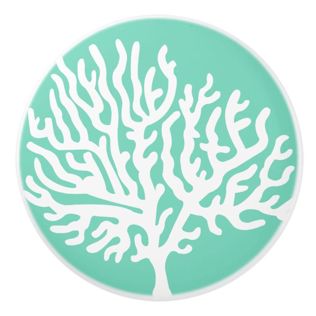 Coastal White Sea Coral & Sea Glass Green Ceramic Knob (Front)