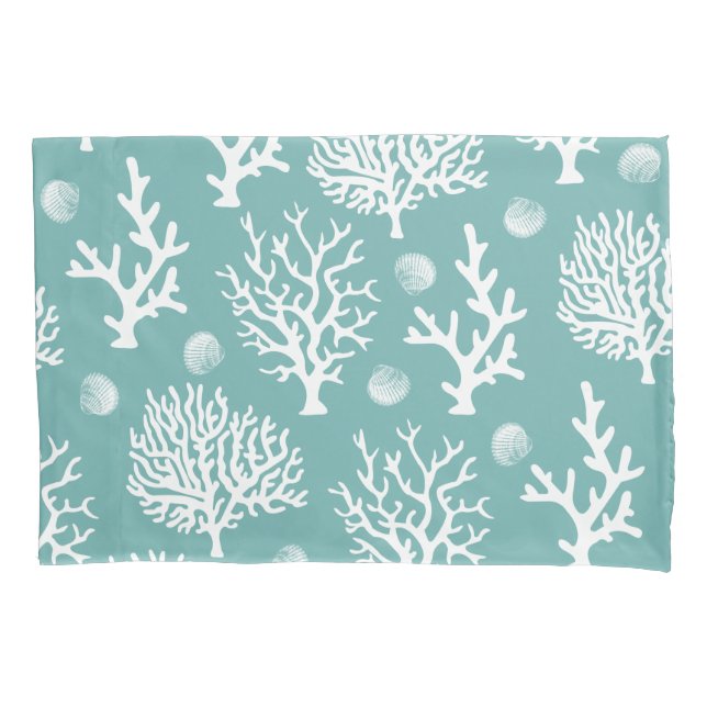 Coastal White Sea Coral & Sea Glass Green Pillowcase (Front)