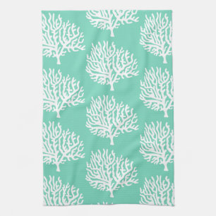Coastal White Sea Coral & Sea Glass Green Tea Towel