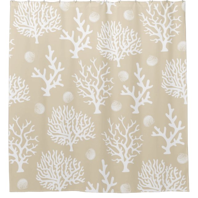 Coastal White Sea Corals & Sandy Taupe Shower Curtain (Front)
