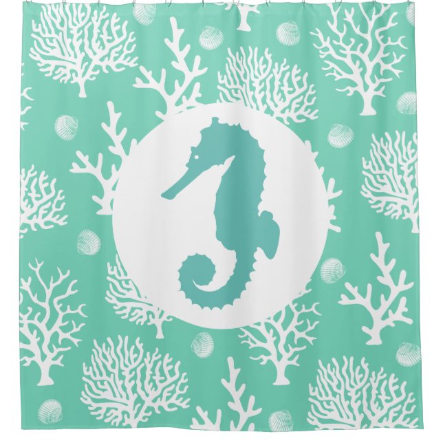 Coastal White Sea Corals & Seahorse Shower Curtain (Front)