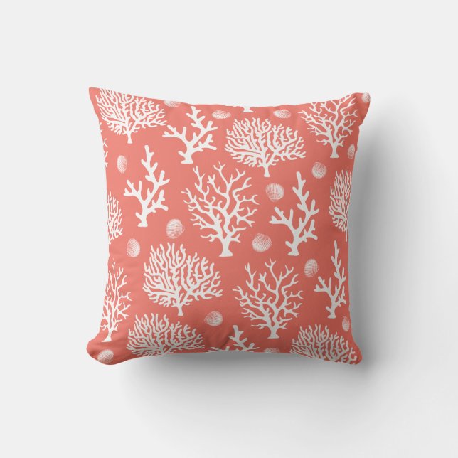 Coastal White Sea Corals & Seashells Coral Pink Cushion (Front)
