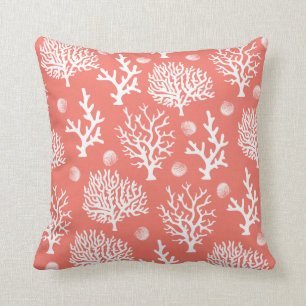 Coastal White Sea Corals & Seashells Coral Pink Cushion