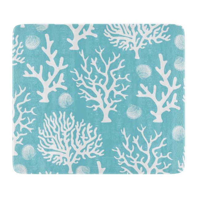 Coastal White Sea Corals & Seashells Cutting Board (Front)