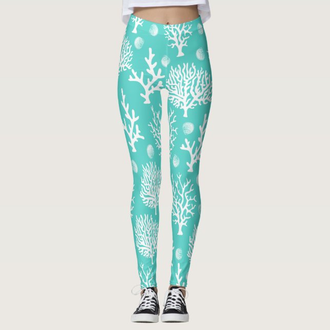Coastal White Sea Corals & Seashells Leggings (Front)