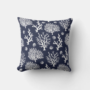 Coastal White Sea Corals & Seashells Navy Blue Cushion