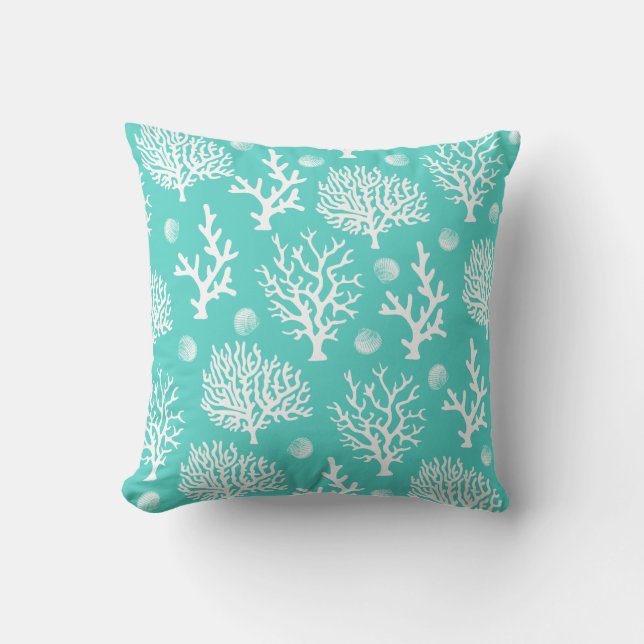 Coastal White Sea Corals & Seashells Sea Green Cushion (Front)