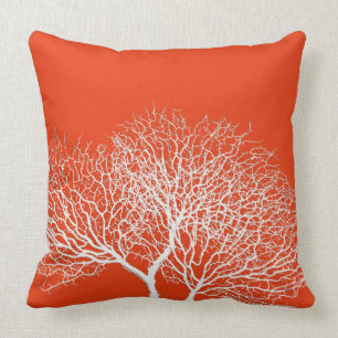 Coastal White Sea Tree Deep Coral Orange Beach Cushion