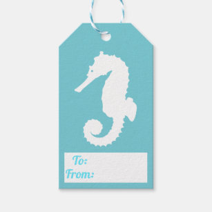 Coastal White Seahorse Silhouette & Bright Blue Gift Tags