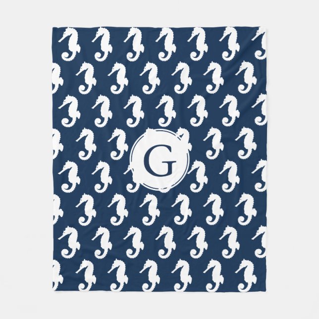 Coastal White Seahorses & Navy Blue Fleece Blanket (Front)