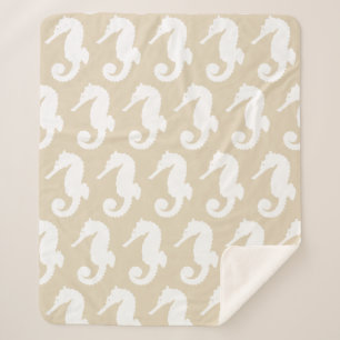 Coastal White Seahorses & Taupe Sherpa Blanket