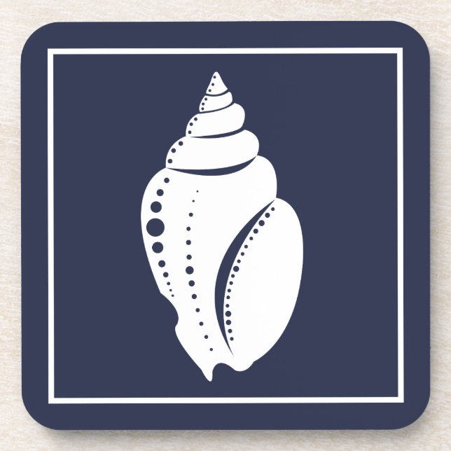 Coastal White Seashell & Navy Blue Coaster (Front)