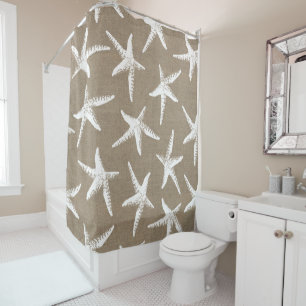 Coastal White Starfish & Faux Burlap Shower Curtain