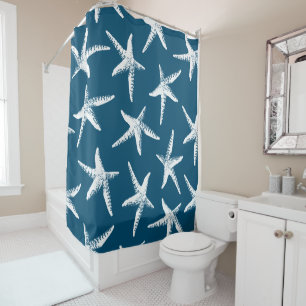 Coastal White Starfish & Navy Blue Shower Curtain