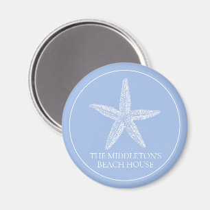 Coastal White Starfish on Blue Beach House Magnet