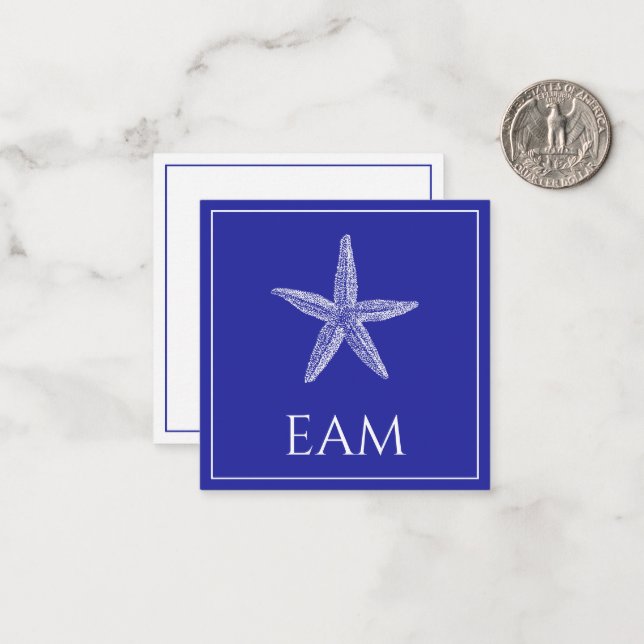 Coastal White Starfish on Navy Blue Monogram Card (Front/Back In Situ)