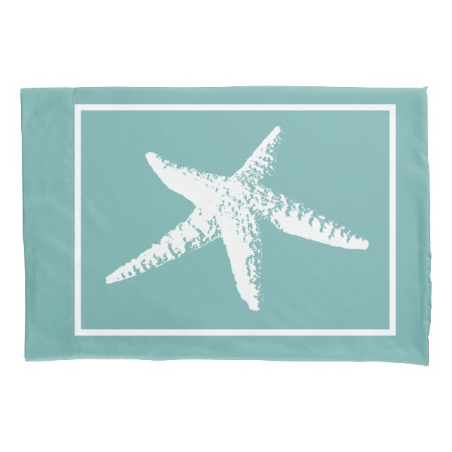 Coastal White Starfish & Sea Glass Green Pillowcase (Front)