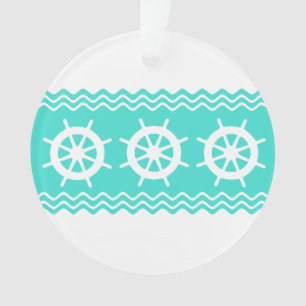 Coastal White Turquoise Helm Stripe Nautical Ornament