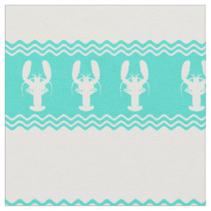 Coastal White Turquoise Stripe Lobster Pattern Fabric