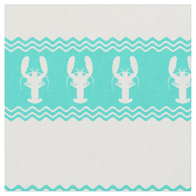 Coastal White Turquoise Stripe Lobster Pattern Fabric (Close Up)