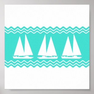 Coastal White Turquoise Stripe Sailboat Pattern Poster