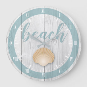 Coastal White Wood Print Seashell & Seaglass Blue Large Clock